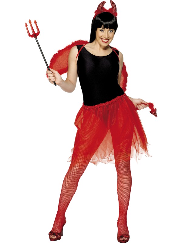 Devil Instant Set, Red, with Tutu, Wings, Trident and Horns, Sequinned with Marabou