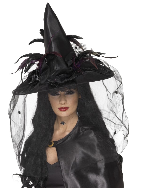 Witch Hat, Deluxe, Black, with Feathers and Netting