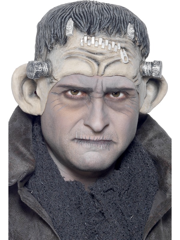 Monster Mask, Grey and Black, with Ear Bolts, Hair and Zip Detail, Overhead, Half Face, PVC