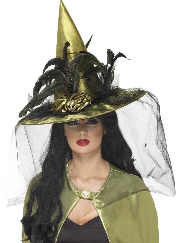 Witch Hat, Deluxe, Chartreuse, with Net and Feathers