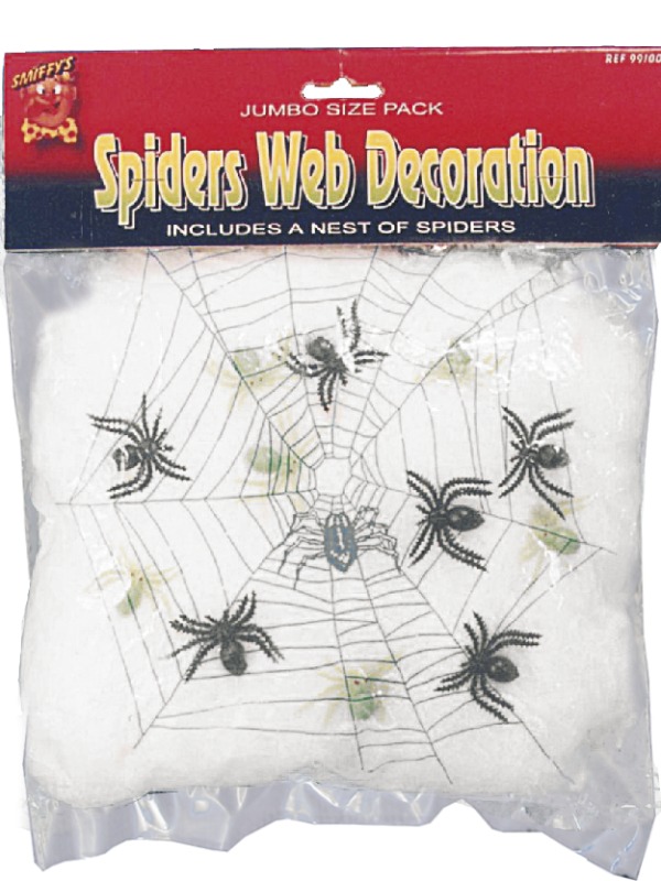 Spider Web Decoration, White, with Web and 6 Spiders